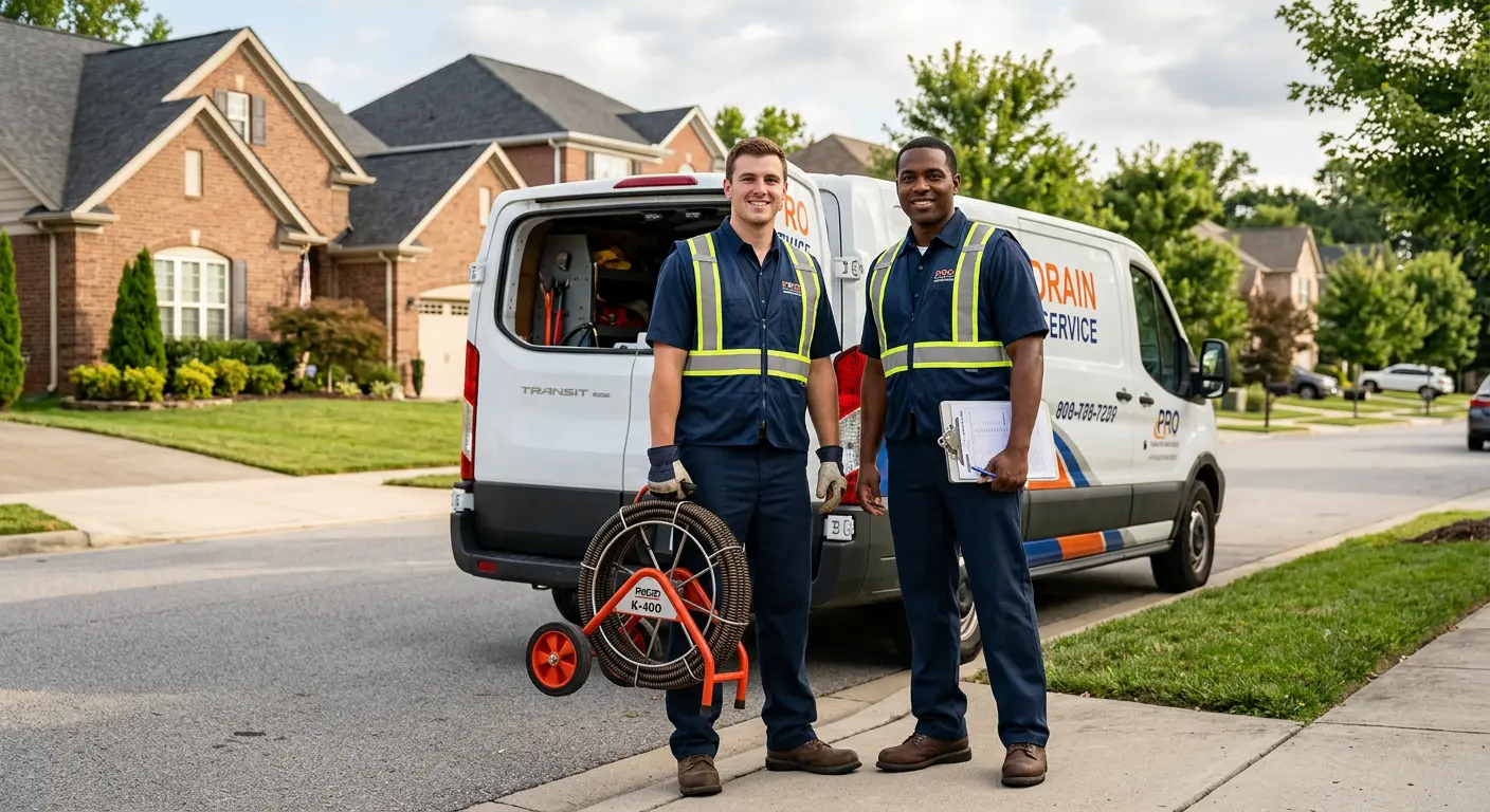 Sewer and drain service team with equipment ready for work in Calera