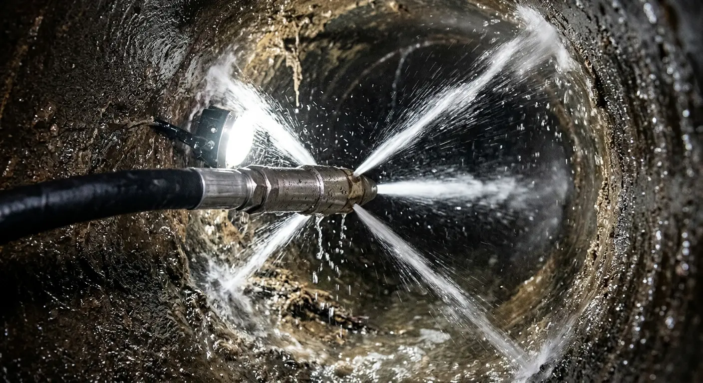 High-pressure hydro jetting nozzle cleaning sewer pipe for Sewer Cleanout in Calera