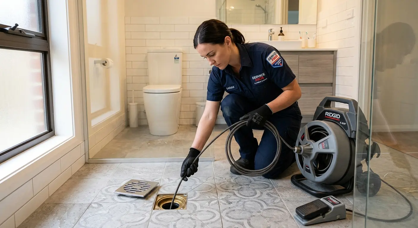 Technician clearing a bathroom floor drain for Drain Cleaning in Calera